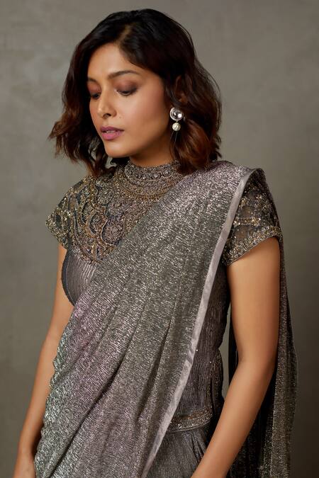 Shop RI.Ritu Kumar Black Polyester Lurex Hand Embroidered Zardozi Work High Neck Blouse Set Online at Aza Fashions Shop_RI.Ritu Kumar_Black Polyester Lurex Hand Embroidered Zardozi Work High Neck Blouse Set_Online_at_Aza_Fashions