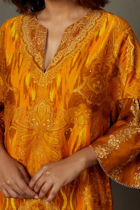 Shop RI.Ritu Kumar Yellow Chanderi Silk Printed Paisley Notched Kurta And Pant Set Online at Aza Fashions Shop_RI.Ritu Kumar_Yellow Chanderi Silk Printed Paisley Notched Kurta And Pant Set _Online_at_Aza_Fashions