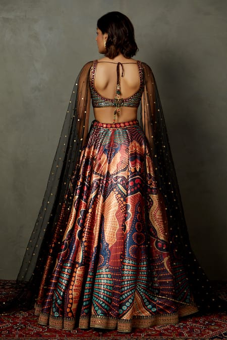 Shop RI.Ritu Kumar Black Polyester Embroidery, Sequins Round Petunia Print Lehenga And Blouse Set at Aza Fashions Shop_RI.Ritu Kumar_Black Polyester Embroidery, Sequins Round Petunia Print Lehenga And Blouse Set _at_Aza_Fashions