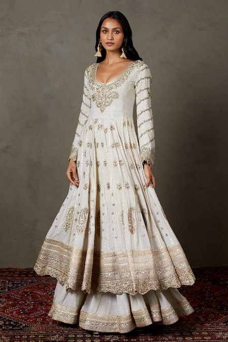 RI.Ritu Kumar Off White Handloom Cotton, Muslin Embroidery, Dori Anarkali Gharara Set Online at Aza Fashions RI.Ritu Kumar_Off White Handloom Cotton, Muslin Embroidery, Dori Anarkali Gharara Set _Online_at_Aza_Fashions
