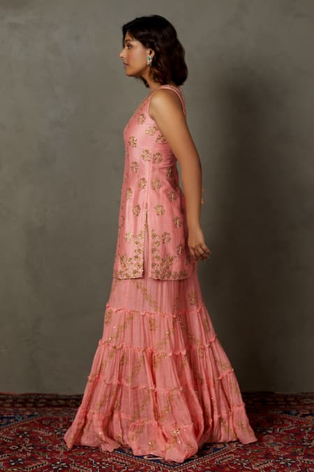RI.Ritu Kumar Pink Chanderi Silk Sequins, Zari Round Neck Floral Embroidered Kurta Set Online at Aza Fashions RI.Ritu Kumar_Pink Chanderi Silk Sequins, Zari Round Neck Floral Embroidered Kurta Set _Online_at_Aza_Fashions