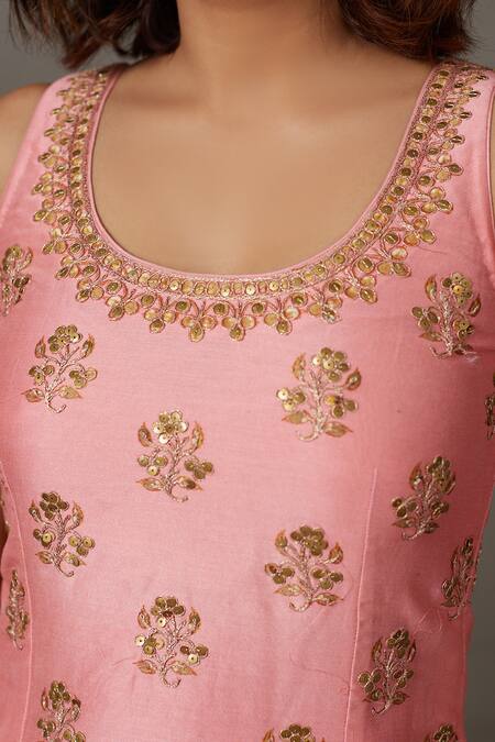 Shop RI.Ritu Kumar Pink Chanderi Silk Sequins, Zari Round Neck Floral Embroidered Kurta Set Online at Aza Fashions Shop_RI.Ritu Kumar_Pink Chanderi Silk Sequins, Zari Round Neck Floral Embroidered Kurta Set _Online_at_Aza_Fashions