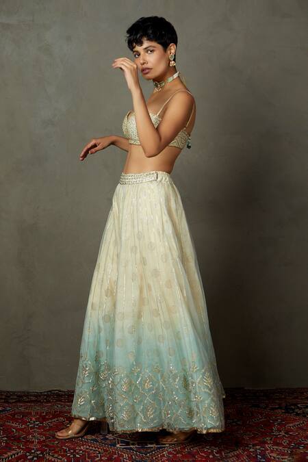 RI.Ritu Kumar_Off White Nylon Net Woven Polka Dots Sweetheart Embroidered Blouse Palazzo Set_Online_at_Aza_Fashions