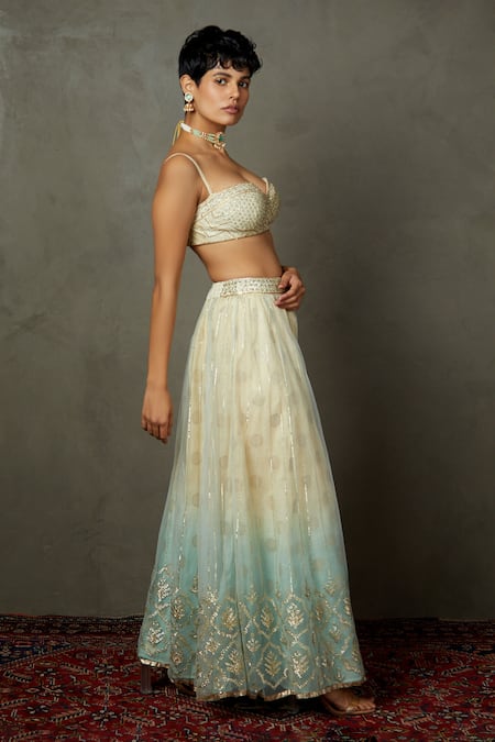 Buy_RI.Ritu Kumar_Off White Nylon Net Woven Polka Dots Sweetheart Embroidered Blouse Palazzo Set_Online_at_Aza_Fashions