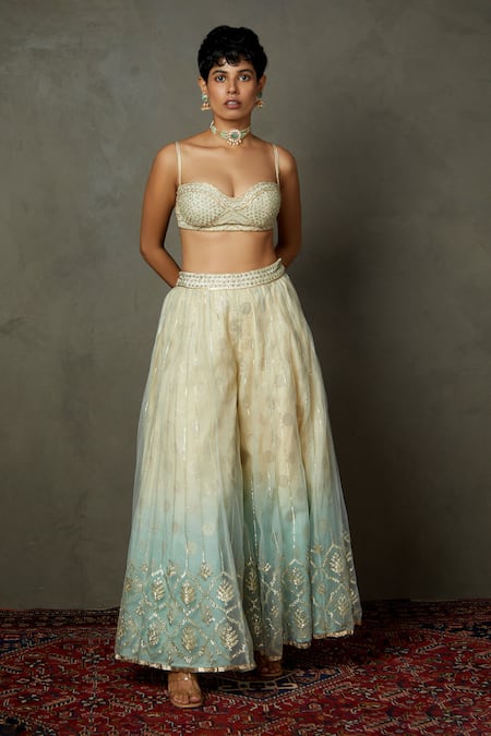 Shop_RI.Ritu Kumar_Off White Nylon Net Woven Polka Dots Sweetheart Embroidered Blouse Palazzo Set_Online_at_Aza_Fashions