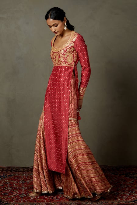 Shop_RI.Ritu Kumar_Pink Silk Flat Dupion Woven Polka Dots Round Embroidered Kurta Gharara Set _Online_at_Aza_Fashions