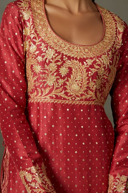 RI.Ritu Kumar_Pink Silk Flat Dupion Woven Polka Dots Round Embroidered Kurta Gharara Set _at_Aza_Fashions