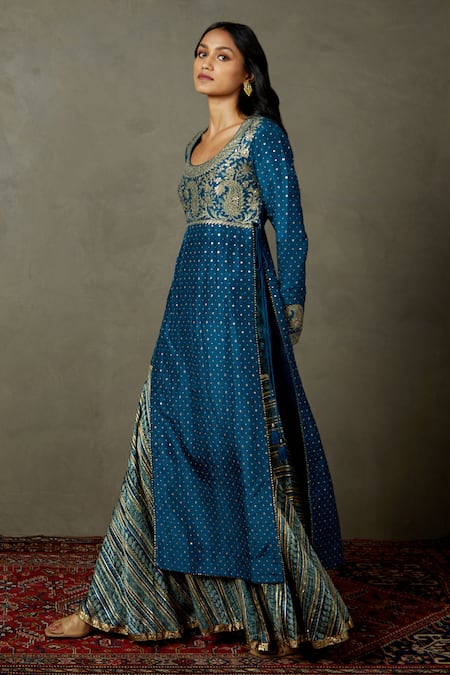RI.Ritu Kumar_Blue Silk Flat Dupion Woven Polka Dots Round Kurta Gharara Set _Online_at_Aza_Fashions