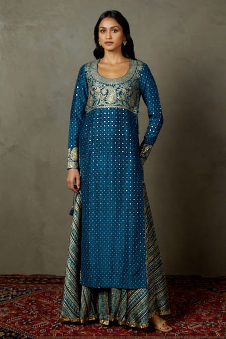 Buy_RI.Ritu Kumar_Blue Silk Flat Dupion Woven Polka Dots Round Kurta Gharara Set _Online_at_Aza_Fashions
