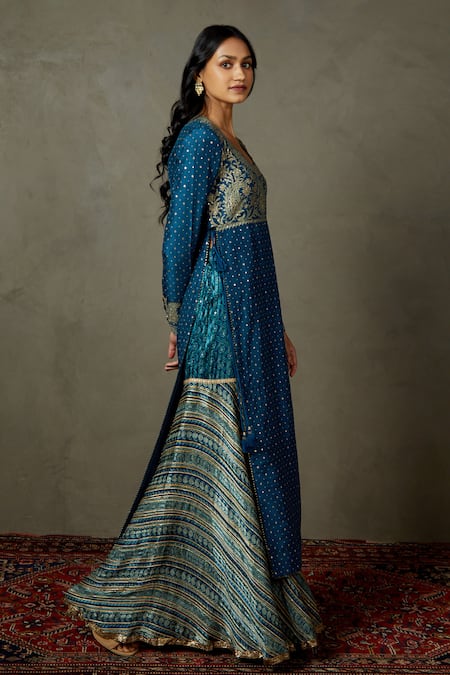 Shop_RI.Ritu Kumar_Blue Silk Flat Dupion Woven Polka Dots Round Kurta Gharara Set _Online_at_Aza_Fashions