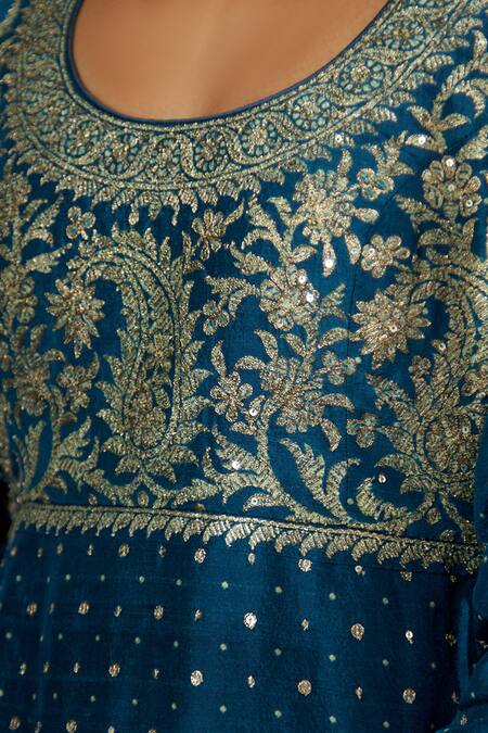 RI.Ritu Kumar_Blue Silk Flat Dupion Woven Polka Dots Round Kurta Gharara Set _at_Aza_Fashions