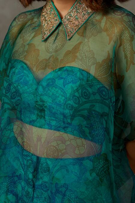 Shop RI.Ritu Kumar Emerald Green Silk Organza Printed Primrose Spread And Embroidered Shirt Pant Set Online at Aza Fashions Shop_RI.Ritu Kumar_Emerald Green Silk Organza Printed Primrose Spread And Embroidered Shirt Pant Set _Online_at_Aza_Fashions