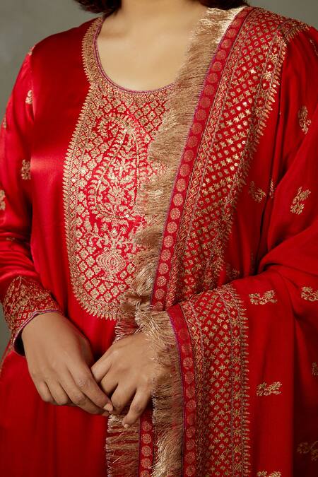 Shop_RI.Ritu Kumar_Red Silk Satin Embroidery Aari Round Yoke Kurta Set _Online_at_Aza_Fashions