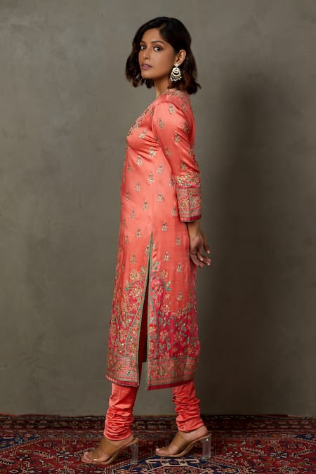 RI.Ritu Kumar Coral Silk Satin Embroidery Zari Thread Blunt V Neck Hand Kurta Set Online at Aza Fashions RI.Ritu Kumar_Coral Silk Satin Embroidery Zari Thread Blunt V Neck Hand Kurta Set_Online_at_Aza_Fashions