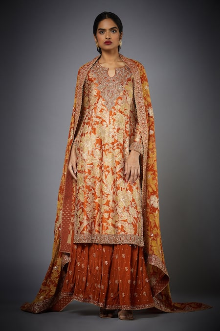 RI.Ritu Kumar Orange Silk Embroidery Zardozi Notched Kurta Set 
