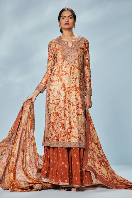 RI.Ritu Kumar_Orange Silk Embroidery Zardozi Notched Kurta Set _Online_at_Aza_Fashions