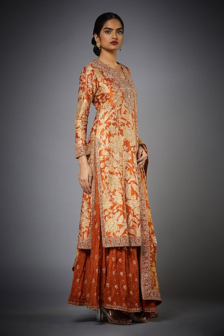 Buy_RI.Ritu Kumar_Orange Silk Embroidery Zardozi Notched Kurta Set _Online_at_Aza_Fashions