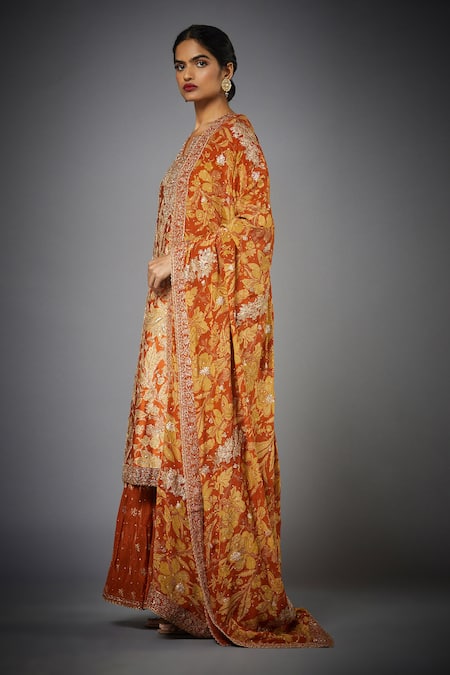 Shop_RI.Ritu Kumar_Orange Silk Embroidery Zardozi Notched Kurta Set _Online_at_Aza_Fashions