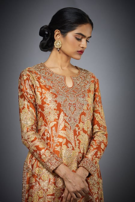RI.Ritu Kumar_Orange Silk Embroidery Zardozi Notched Kurta Set _at_Aza_Fashions