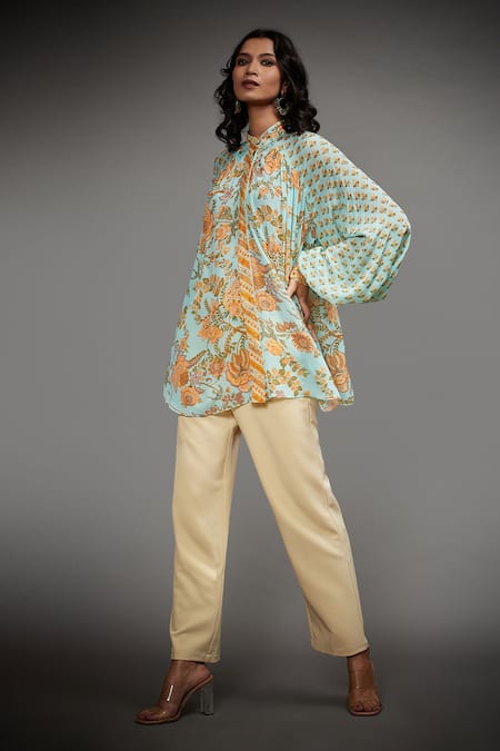 RI.Ritu Kumar_Blue 100% Viscose Printed Tropical Floral Band Kurti_Online_at_Aza_Fashions