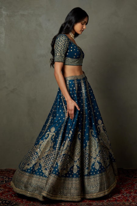 Shop_RI.Ritu Kumar_Silk Dupion</i><li>color Printed Aari Embroidered Bridal Lehenga Set _Online_at_Aza_Fashions