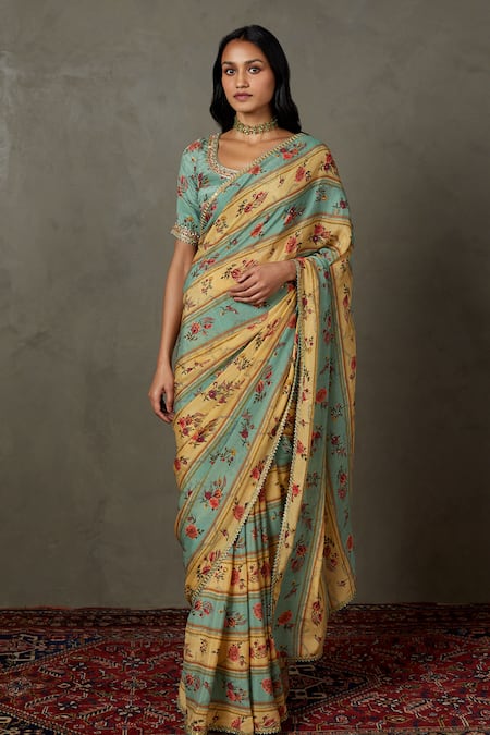 RI.Ritu Kumar Floral Print Colorblock Saree With Unstitched Blouse Piece 