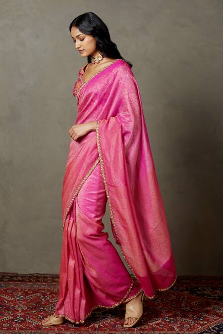 RI.Ritu Kumar Fuchsia Silk Embroidery, Zari Sweetheart Neck Saree With Blouse Online at Aza Fashions RI.Ritu Kumar_Fuchsia Silk Embroidery, Zari Sweetheart Neck Saree With Blouse_Online_at_Aza_Fashions