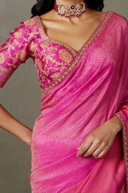 Shop RI.Ritu Kumar Fuchsia Silk Embroidery, Zari Sweetheart Neck Saree With Blouse Online at Aza Fashions Shop_RI.Ritu Kumar_Fuchsia Silk Embroidery, Zari Sweetheart Neck Saree With Blouse_Online_at_Aza_Fashions
