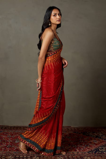 Buy_RI.Ritu Kumar_Red Viscose Embroidery Plunge Neck Abstract Print Designer Saree Set _Online_at_Aza_Fashions