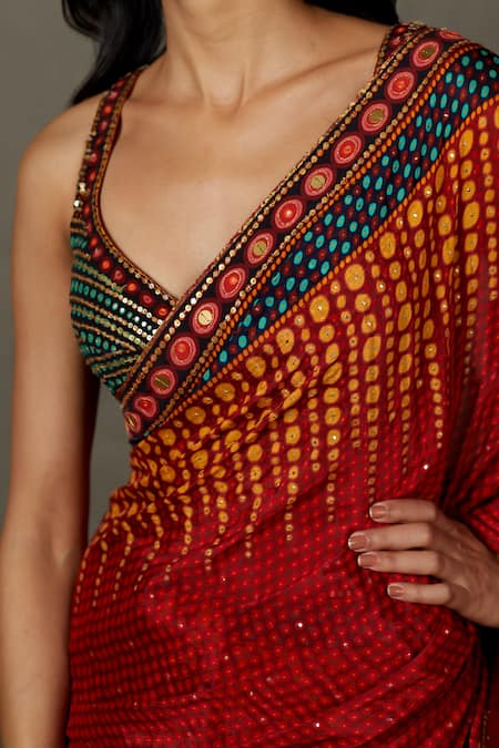 Shop_RI.Ritu Kumar_Red Viscose Embroidery Plunge Neck Abstract Print Designer Saree Set _Online_at_Aza_Fashions