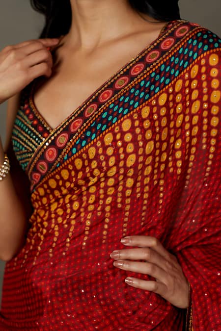 RI.Ritu Kumar_Red Viscose Embroidery Plunge Neck Abstract Print Designer Saree Set _at_Aza_Fashions