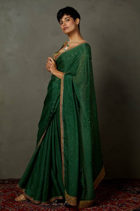Buy_RI.Ritu Kumar_Green Viscose Embroidery Scoop Neck Saree With Blouse_Online_at_Aza_Fashions