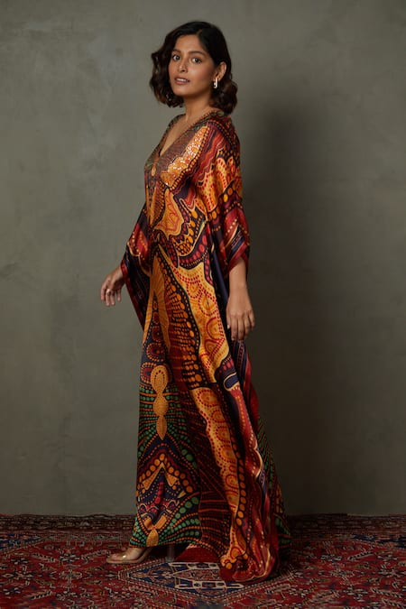 RI.Ritu Kumar Black Silk Satin Printed Abstract V Neck Petunia Kaftan Kurti Online at Aza Fashions RI.Ritu Kumar_Black Silk Satin Printed Abstract V Neck Petunia Kaftan Kurti _Online_at_Aza_Fashions