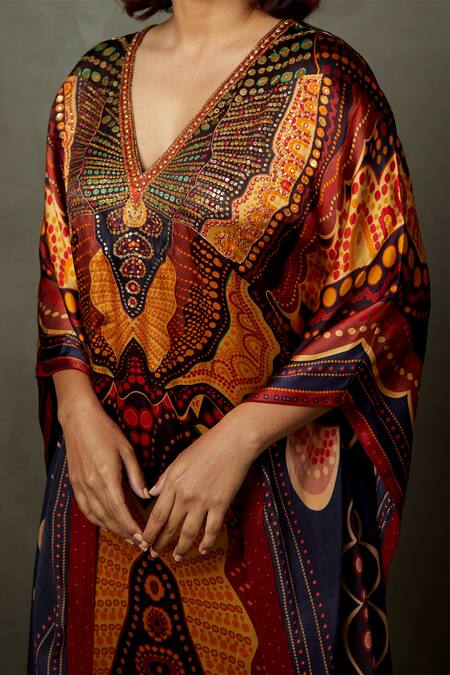 Shop RI.Ritu Kumar Black Silk Satin Printed Abstract V Neck Petunia Kaftan Kurti Online at Aza Fashions Shop_RI.Ritu Kumar_Black Silk Satin Printed Abstract V Neck Petunia Kaftan Kurti _Online_at_Aza_Fashions