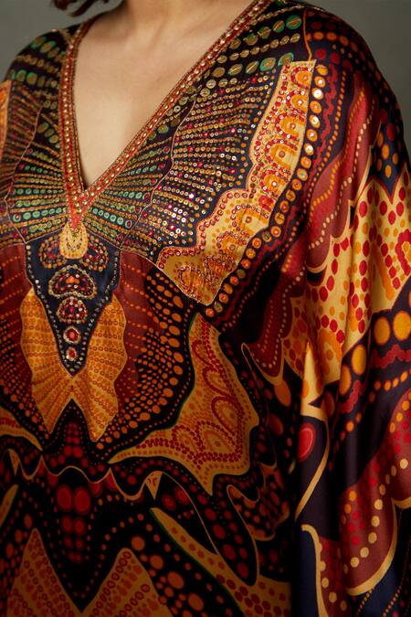 RI.Ritu Kumar Black Silk Satin Printed Abstract V Neck Petunia Kaftan Kurti at Aza Fashions RI.Ritu Kumar_Black Silk Satin Printed Abstract V Neck Petunia Kaftan Kurti _at_Aza_Fashions