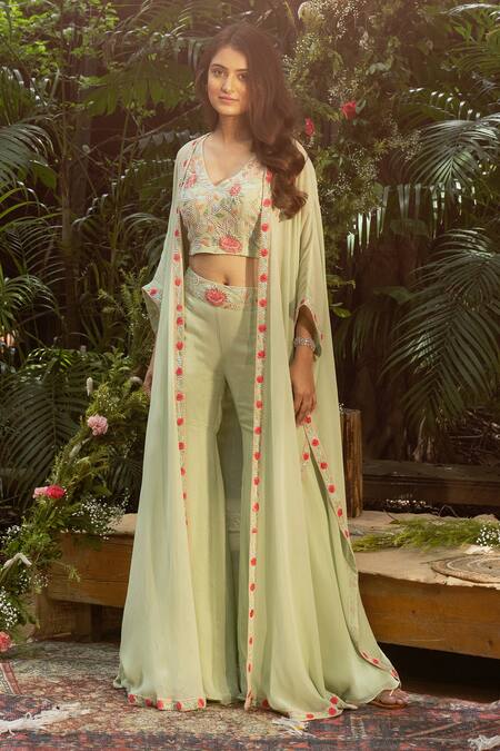 Samatvam By Anjali Bhaskar_Green Georgette Pearls, Embroidery V-neck Bahaar Thread And Work Cape Sharara Set _Online_at_Aza_Fashions
