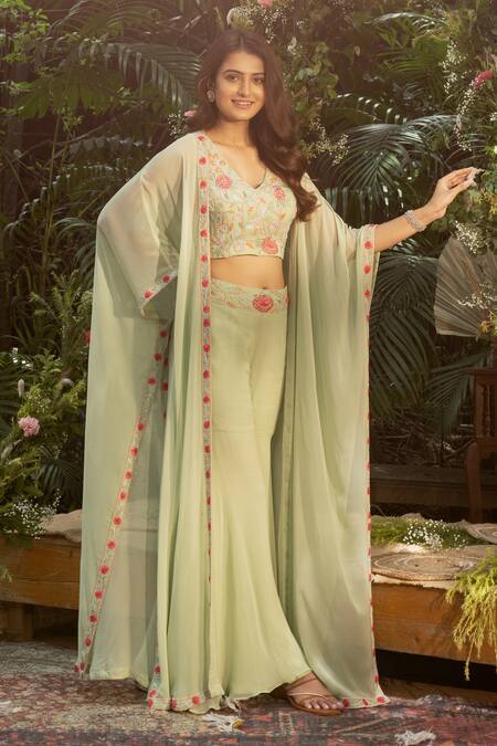 Buy_Samatvam By Anjali Bhaskar_Green Georgette Pearls, Embroidery V-neck Bahaar Thread And Work Cape Sharara Set _Online_at_Aza_Fashions
