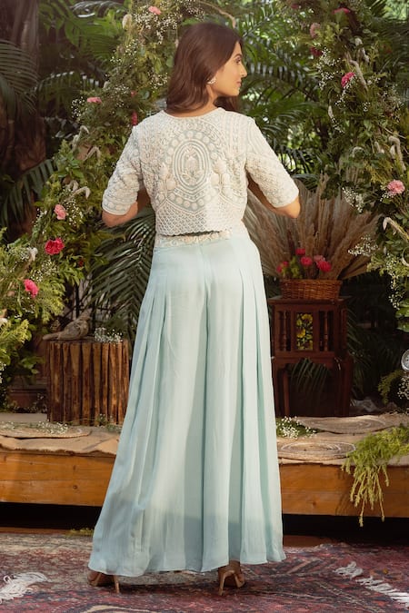 Samatvam By Anjali Bhaskar_Blue Georgette Pearls, Embroidery Scoop Neck, Gul Thread And Work Jacket Pant Set _Online_at_Aza_Fashions