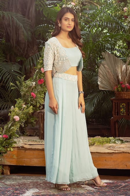 Buy_Samatvam By Anjali Bhaskar_Blue Georgette Pearls, Embroidery Scoop Neck, Gul Thread And Work Jacket Pant Set _Online_at_Aza_Fashions