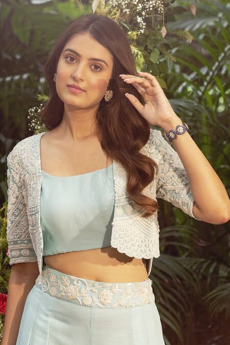 Shop_Samatvam By Anjali Bhaskar_Blue Georgette Pearls, Embroidery Scoop Neck, Gul Thread And Work Jacket Pant Set _Online_at_Aza_Fashions