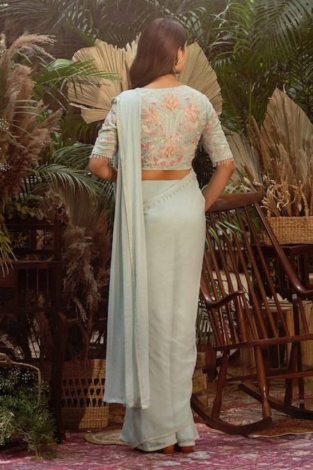 Shop Samatvam By Anjali Bhaskar Blue Georgette Pearls, Embroidery V-neck Kainaaz Pre-draped Saree With V Blouse at Aza Fashions Shop_Samatvam By Anjali Bhaskar_Blue Georgette Pearls, Embroidery V-neck Kainaaz Pre-draped Saree With V Blouse _at_Aza_Fashions