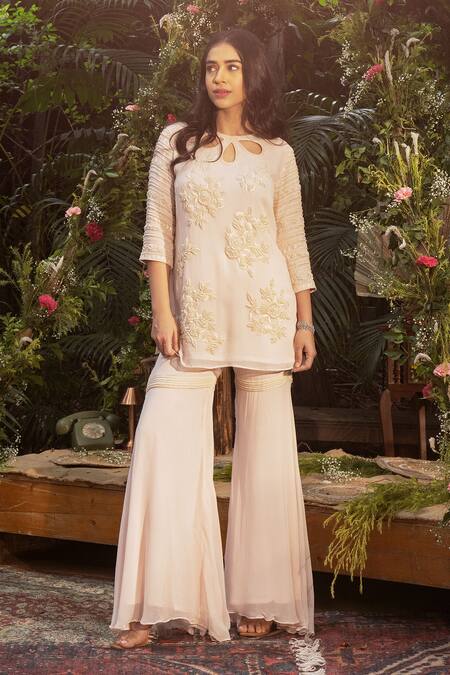 Buy Samatvam By Anjali Bhaskar Pink Georgette, Polyester Pearls, Embroidery Keyhole Neck Work Kurta Sharara Set Buy_Samatvam By Anjali Bhaskar_Pink Georgette, Polyester Pearls, Embroidery Keyhole Neck Work Kurta Sharara Set