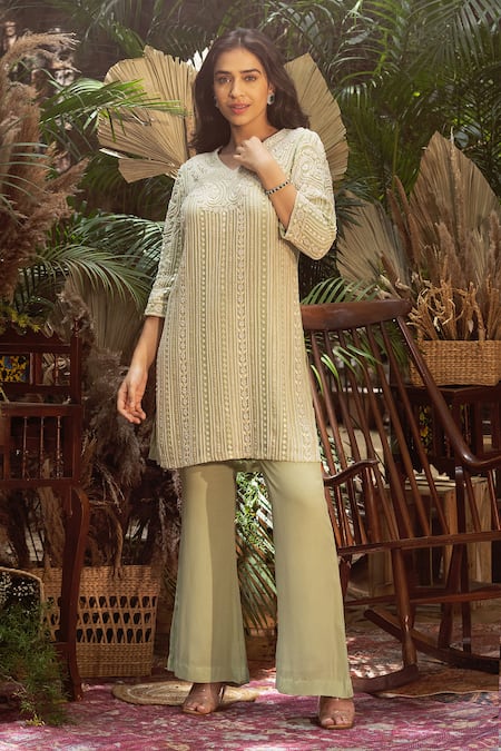 Buy Samatvam By Anjali Bhaskar Green Georgette Pearls, Embroidery V-neck Nahrin Thread And Work Kurta Pant Set Online at Aza Fashions Buy_Samatvam By Anjali Bhaskar_Green Georgette Pearls, Embroidery V-neck Nahrin Thread And Work Kurta Pant Set _Online_at_Aza_Fashions