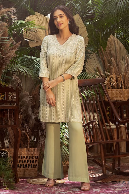 Shop Samatvam By Anjali Bhaskar Green Georgette Pearls, Embroidery V-neck Nahrin Thread And Work Kurta Pant Set Online at Aza Fashions Shop_Samatvam By Anjali Bhaskar_Green Georgette Pearls, Embroidery V-neck Nahrin Thread And Work Kurta Pant Set _Online_at_Aza_Fashions