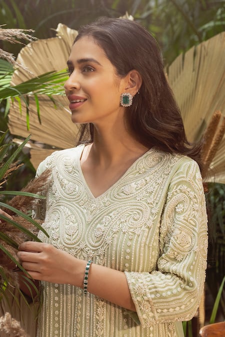 Buy Samatvam By Anjali Bhaskar Green Georgette Pearls, Embroidery V-neck Nahrin Thread And Work Kurta Pant Set Buy_Samatvam By Anjali Bhaskar_Green Georgette Pearls, Embroidery V-neck Nahrin Thread And Work Kurta Pant Set