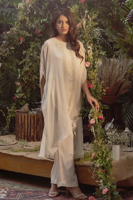 Buy Samatvam By Anjali Bhaskar Ivory Georgette Pearls, Embroidery Round Naz Thread Work Kaftan Kurta And Pant Set Online at Aza Fashions Buy_Samatvam By Anjali Bhaskar_Ivory Georgette Pearls, Embroidery Round Naz Thread Work Kaftan Kurta And Pant Set _Online_at_Aza_Fashions