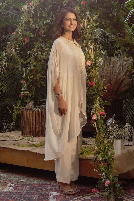 Shop Samatvam By Anjali Bhaskar Ivory Georgette Pearls, Embroidery Round Naz Thread Work Kaftan Kurta And Pant Set Online at Aza Fashions Shop_Samatvam By Anjali Bhaskar_Ivory Georgette Pearls, Embroidery Round Naz Thread Work Kaftan Kurta And Pant Set _Online_at_Aza_Fashions