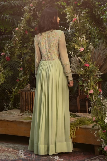 Shop Samatvam By Anjali Bhaskar Green Georgette Pearls, Embroidery Rani Thread And Work Anarkali With Dupatta at Aza Fashions Shop_Samatvam By Anjali Bhaskar_Green Georgette Pearls, Embroidery Rani Thread And Work Anarkali With Dupatta _at_Aza_Fashions