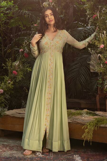 Samatvam By Anjali Bhaskar Green Georgette Pearls, Embroidery Rani Thread And Work Anarkali With Dupatta Online at Aza Fashions Samatvam By Anjali Bhaskar_Green Georgette Pearls, Embroidery Rani Thread And Work Anarkali With Dupatta _Online_at_Aza_Fashions