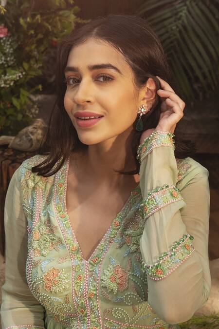 Shop Samatvam By Anjali Bhaskar Green Georgette Pearls, Embroidery Rani Thread And Work Anarkali With Dupatta Online at Aza Fashions Shop_Samatvam By Anjali Bhaskar_Green Georgette Pearls, Embroidery Rani Thread And Work Anarkali With Dupatta _Online_at_Aza_Fashions
